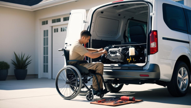 wheelchair accessible van for better mobility wheelchair van owner in a wheelchair works on vehicle maintenance in the back of the accessible van
