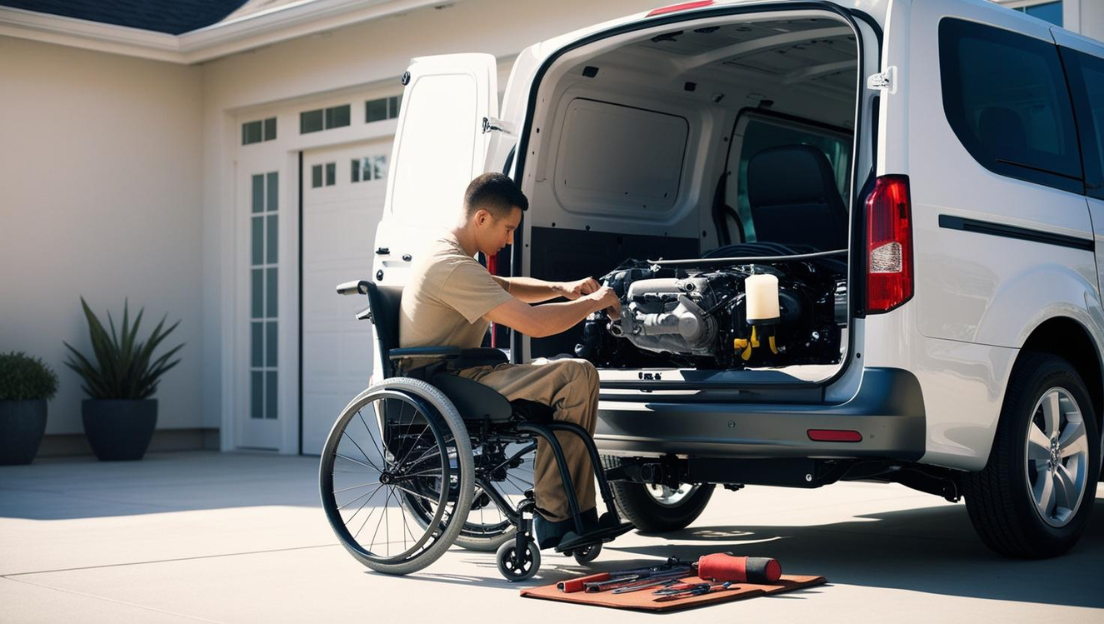 wheelchair accessible van for better mobility wheelchair van owner in a wheelchair works on vehicle maintenance in the back of the accessible van